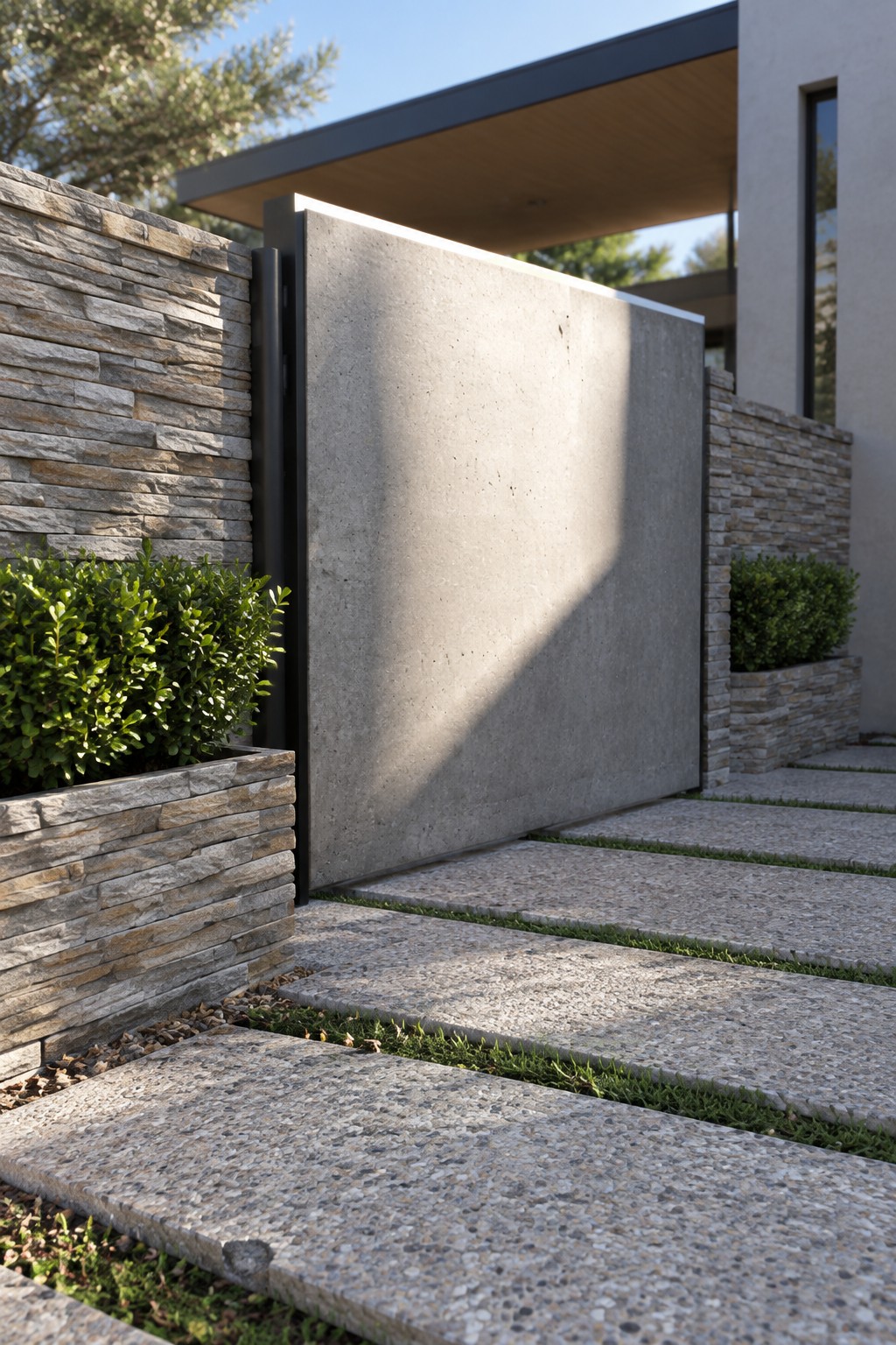 A large concrete one-panel driveway gate set between stacked stone walls with gravel pavers leading toward a modern house.