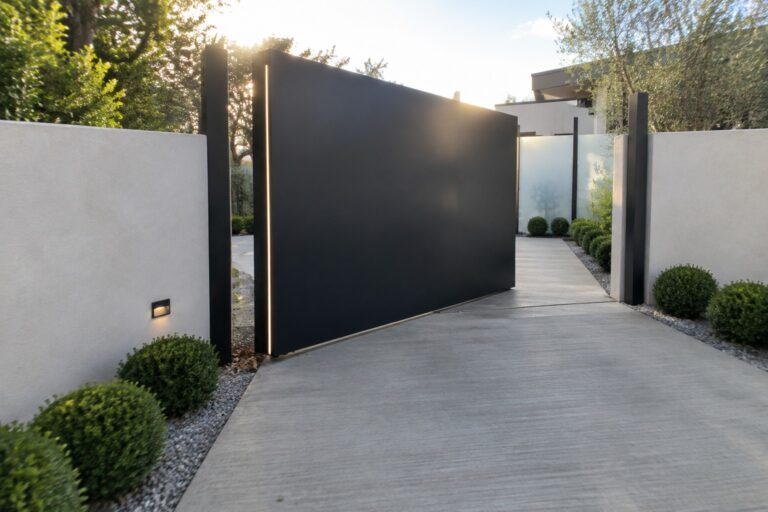 13 Simple Single Driveway Gate Ideas for Clean One-Panel Entrances A tall matte black single-panel driveway gate with a vertical light strip, installed between concrete walls along a paved path.