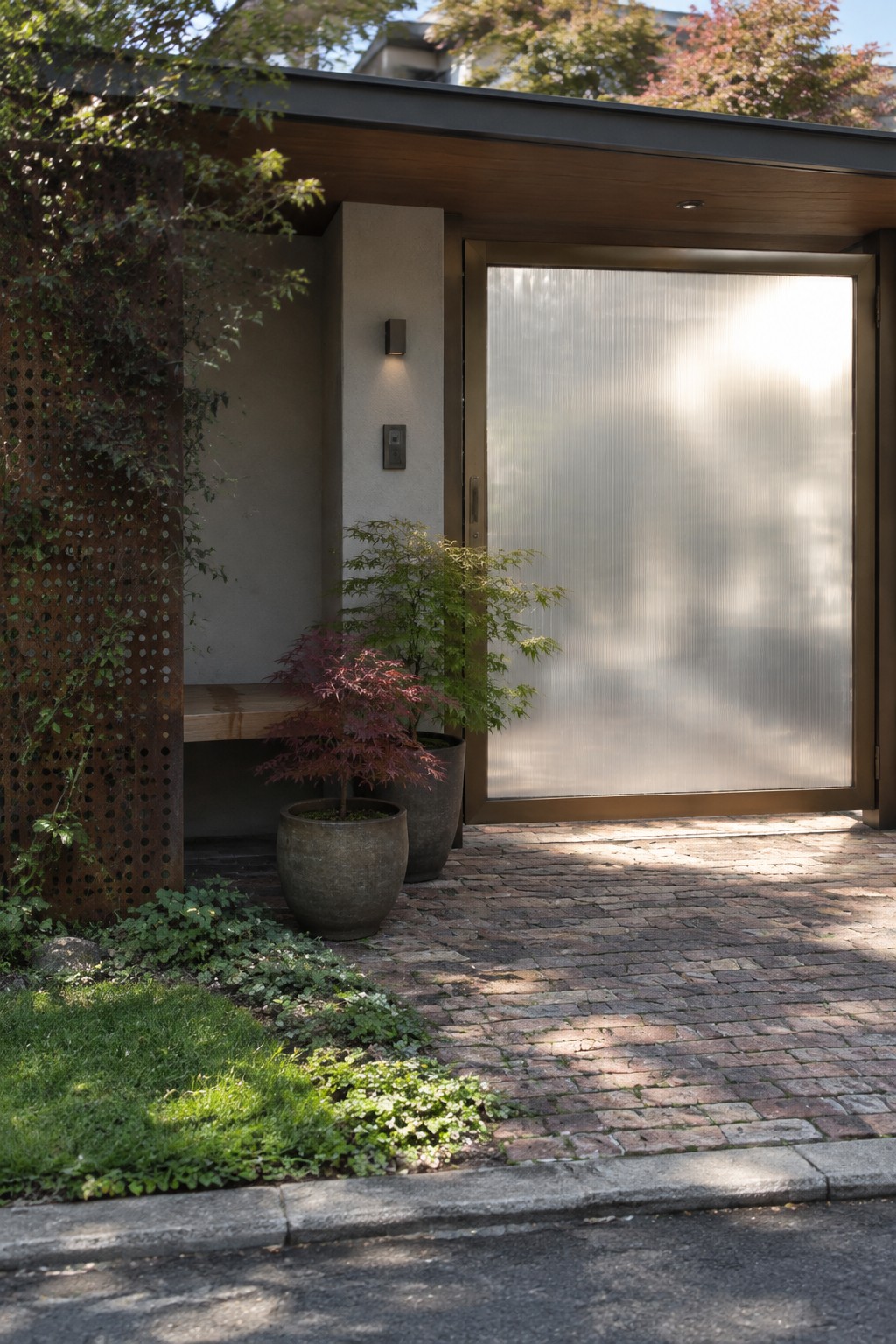 A modern house entrance shows a large single-panel frosted glass gate in a bronze frame next to a rusted metal screen, potted plants, and a brick walkway.
