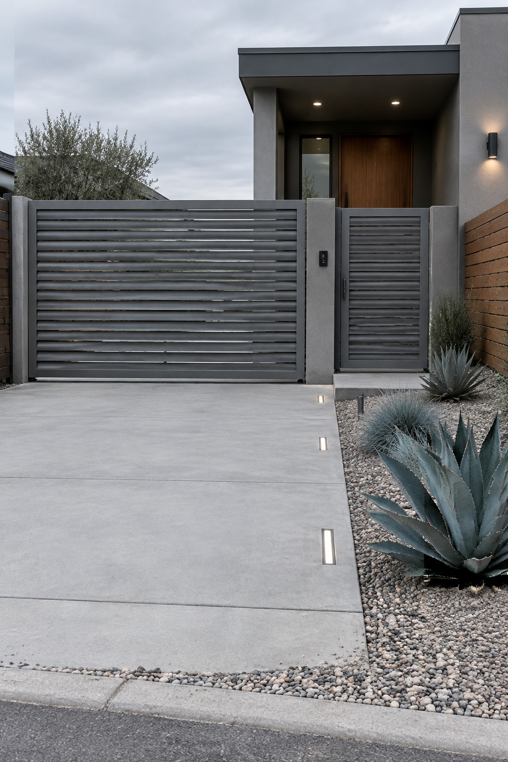 A front view of a modern house showing a dark gray horizontal slat driveway gate and matching pedestrian gate between concrete pillars, with gravel landscaping and agave plants on the right.