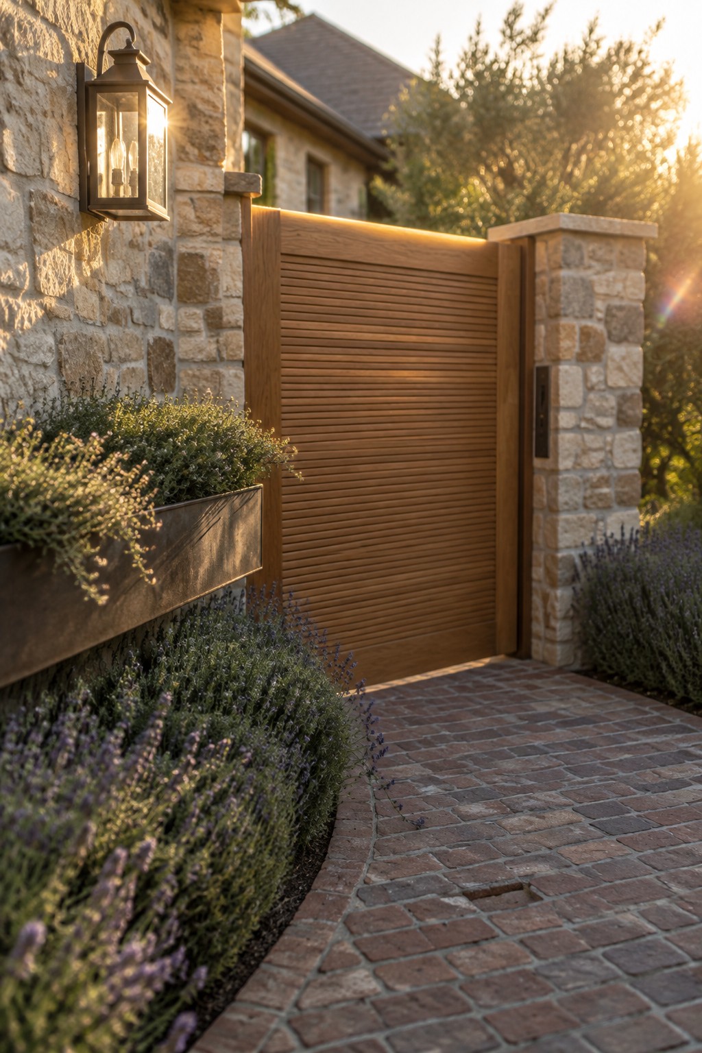A wooden driveway gate with horizontal slats stands between two stone pillars beside a curving brick path lined with lavender and other low plants.
