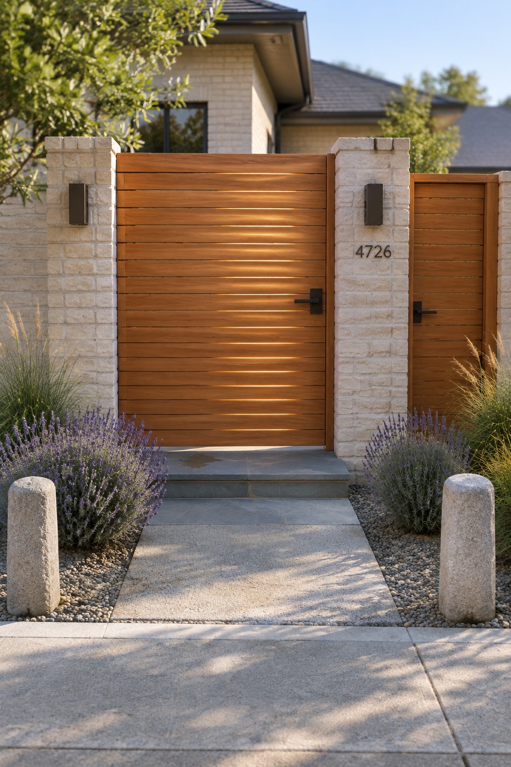 Illuminated horizontal wood gate between stone pillars at modern home entrance with lavender.