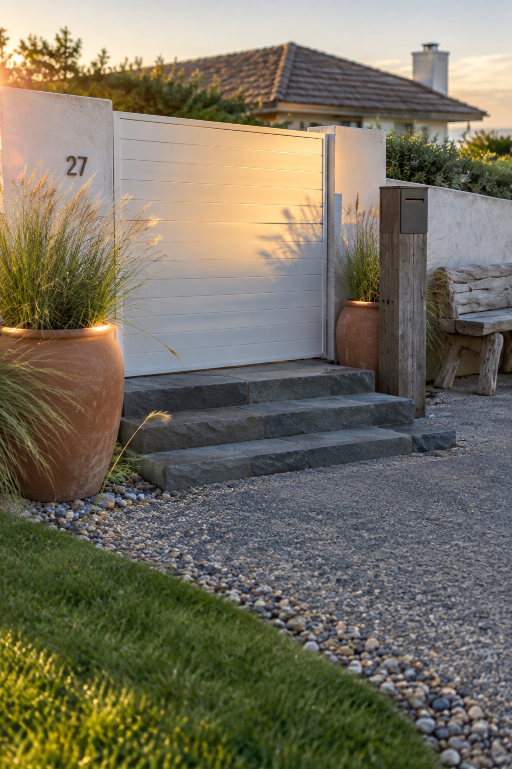 A white horizontal slat driveway gate next to stone steps, with terracotta pots on both sides and a gravel driveway in front.