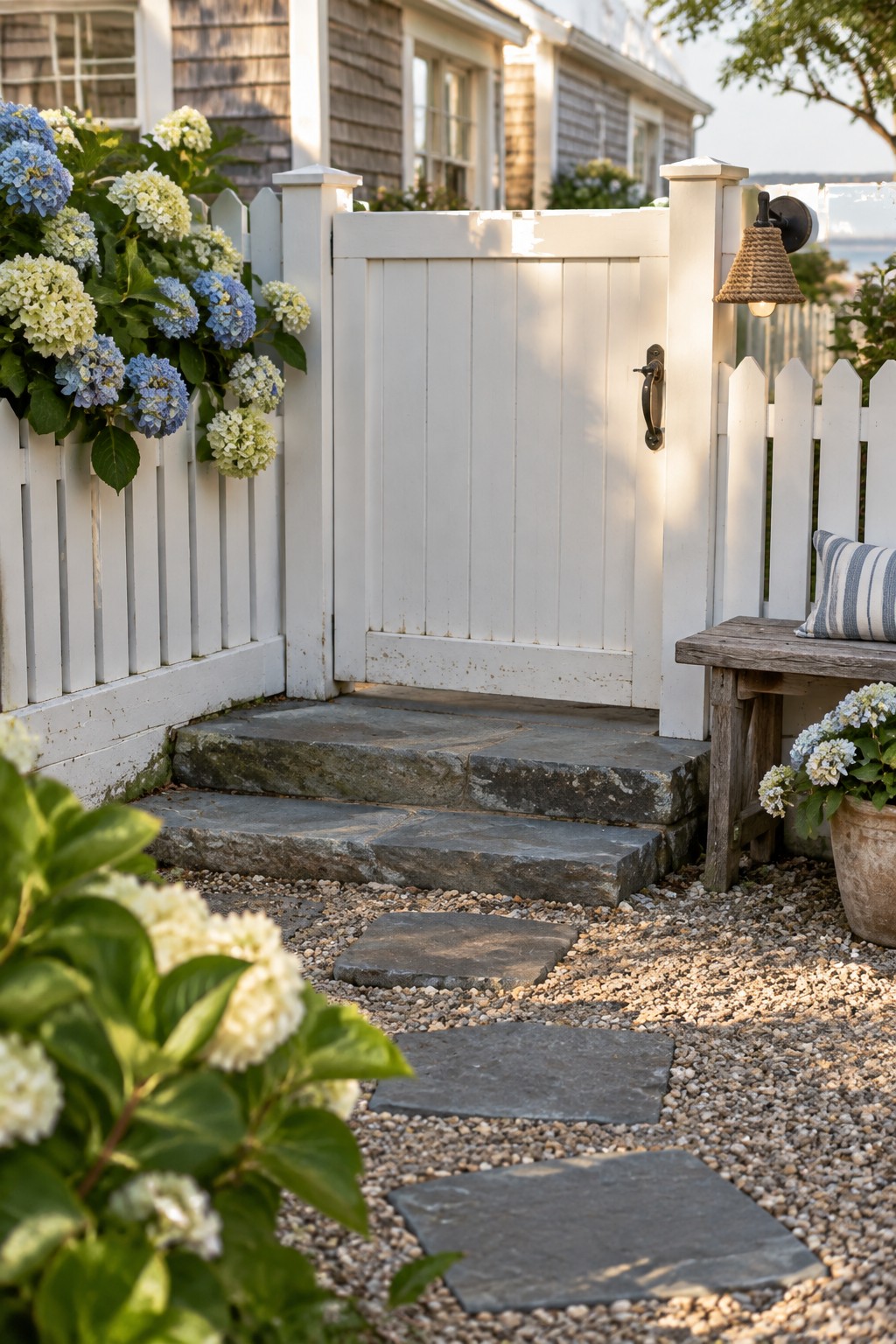 A white vertical board gate centered in a white picket fence, with stone steps leading up from a gravel path bordered by hydrangeas.