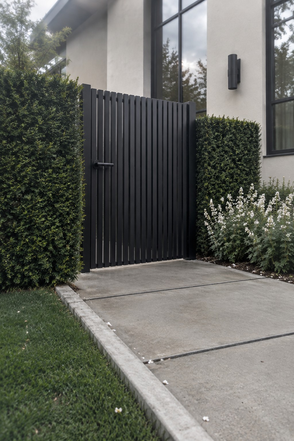 Black vertical slat gate beside green hedges on concrete path to modern house
