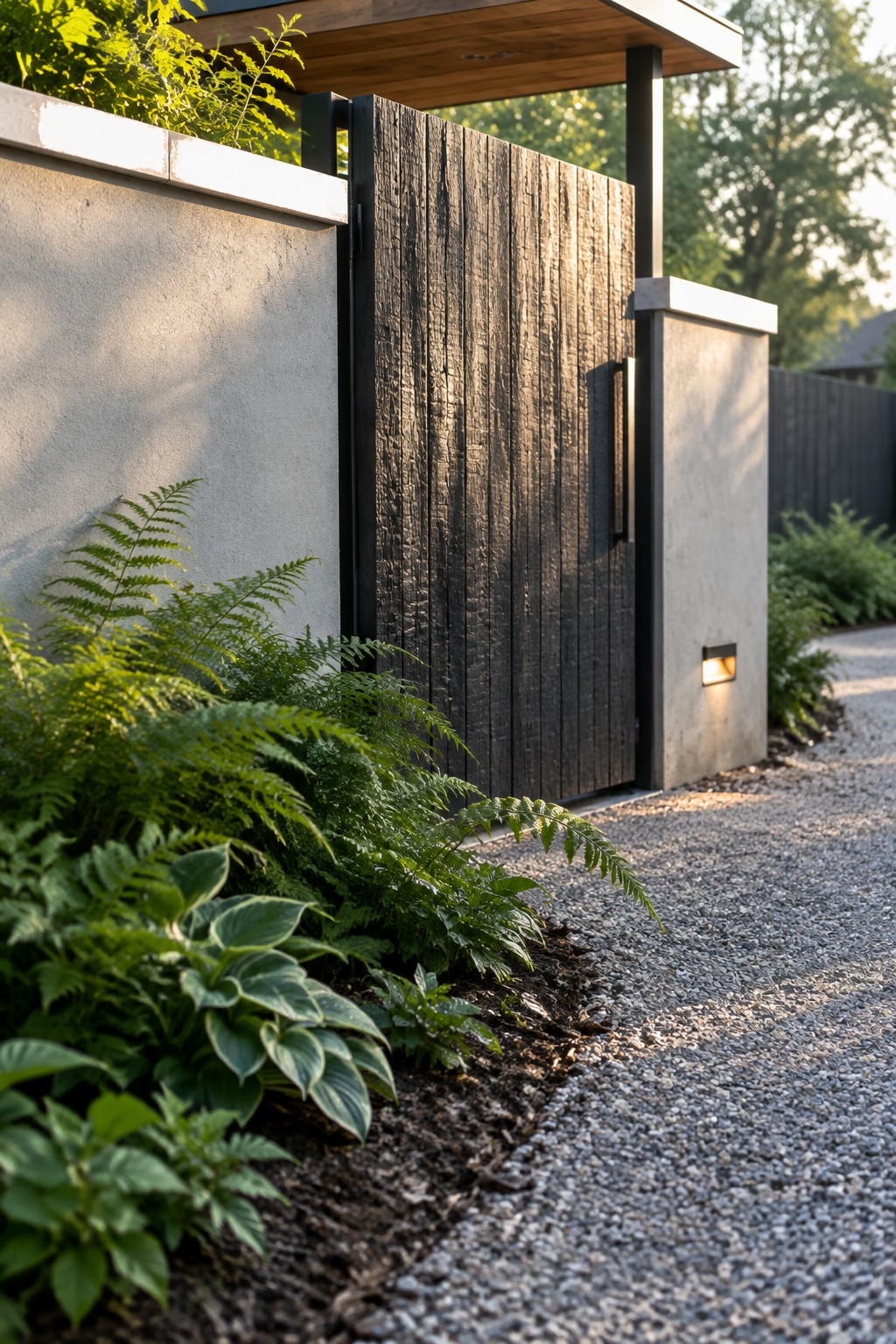 A single-panel driveway gate with vertical dark wood slats set between concrete pillars, beside a gravel path and green ferns.
