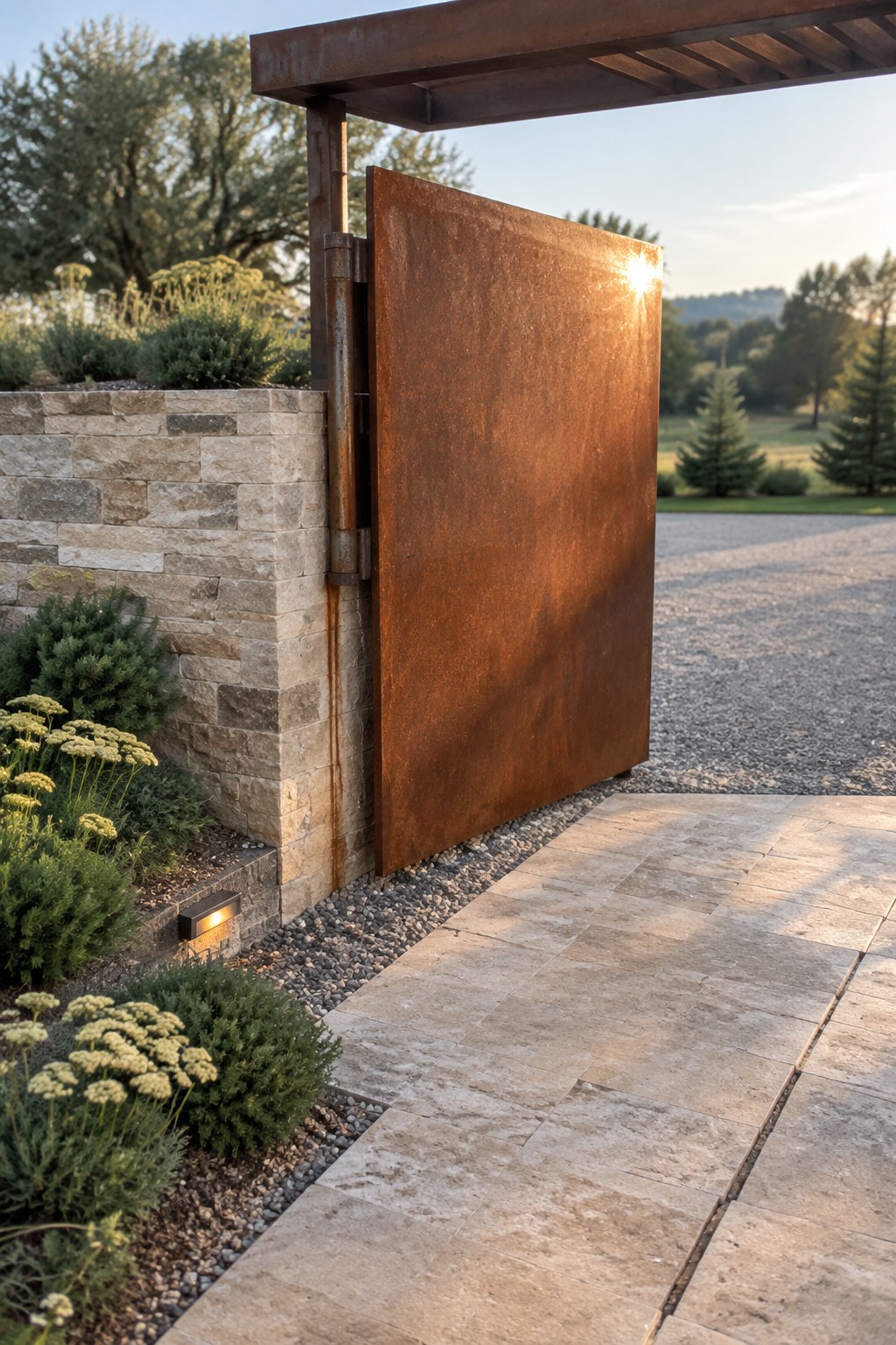 A large rusted metal gate stands partially open beside a stacked stone wall, with gravel and low plants along the base.