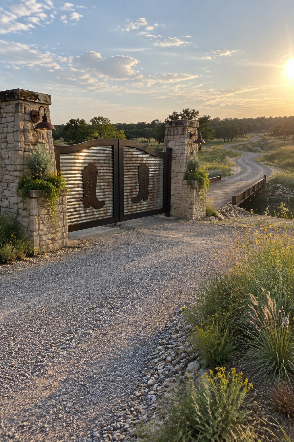 Rustic metal gate with cowboy boot cutouts between stone pillars on gravel road at sunset