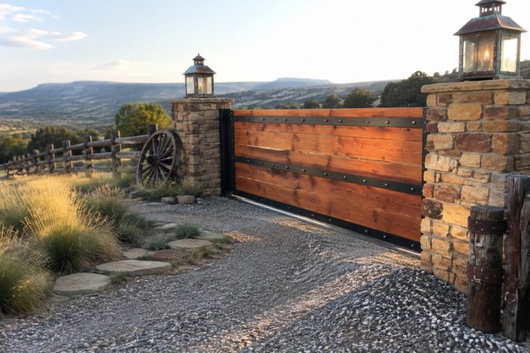 A wooden driveway gate with horizontal metal straps and rivets, flanked by stone pillars topped with lanterns, with a wagon wheel leaning against the right pillar on a gravel drive.