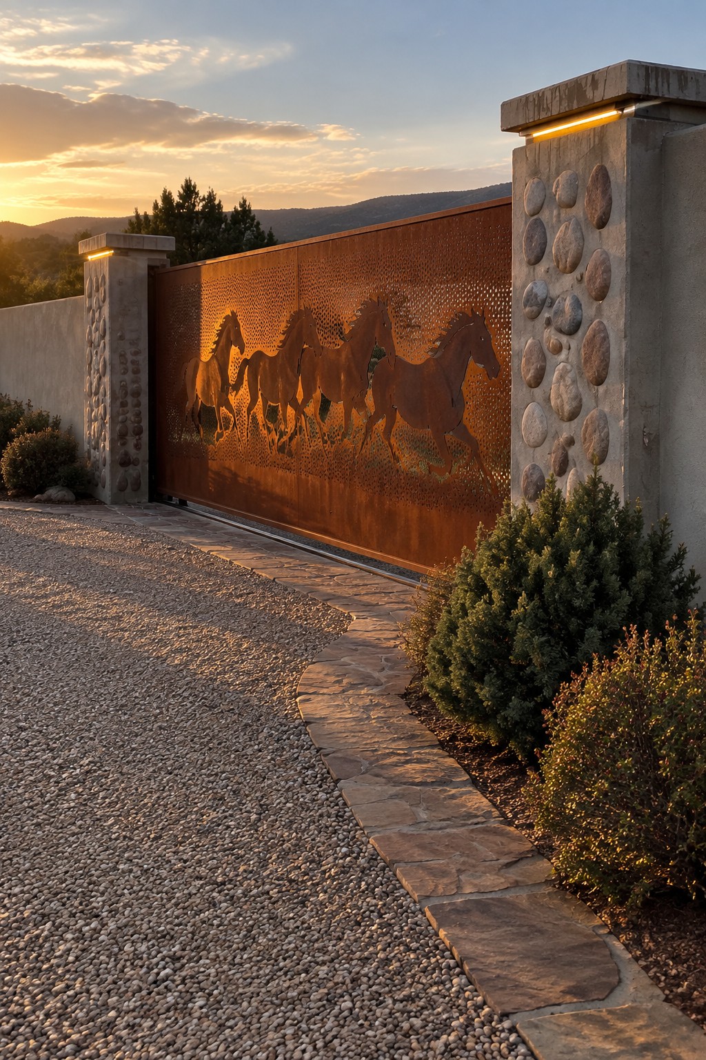 Rusted metal gate with galloping horse silhouettes between pebble stone pillars at sunset