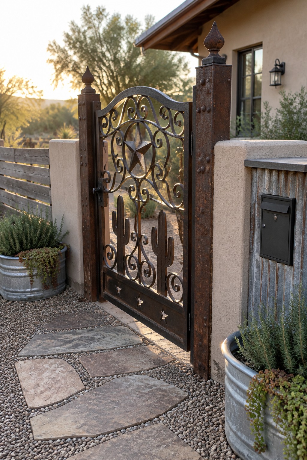 Open ornate metal gate with star and cactus designs beside stone pathway.