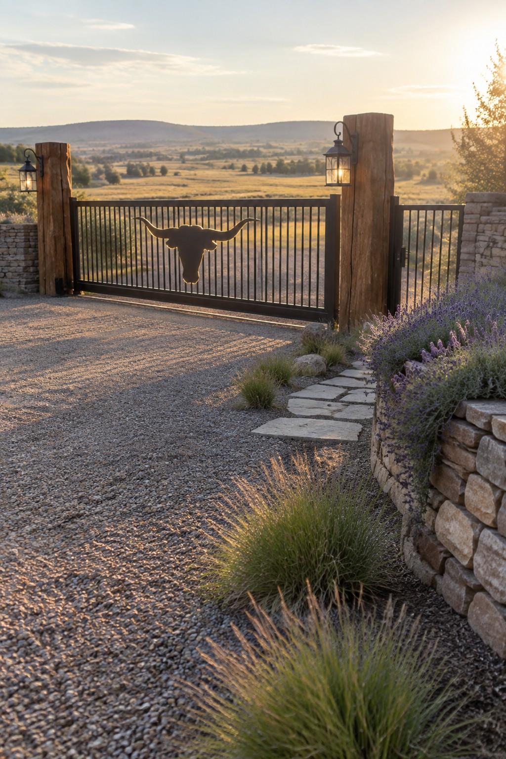 A black metal driveway gate featuring a longhorn silhouette is set between large wooden posts on a gravel drive with stone walls and a rural landscape beyond.