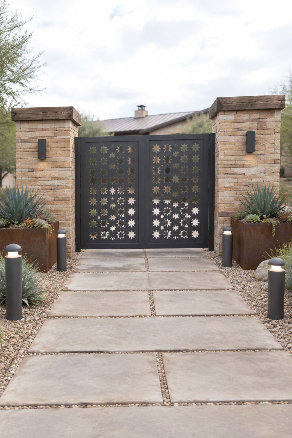 A black metal double driveway gate featuring star-shaped cutouts is centered between two tall stone pillars topped with wood, with a concrete paver path and bollard lights in the foreground.