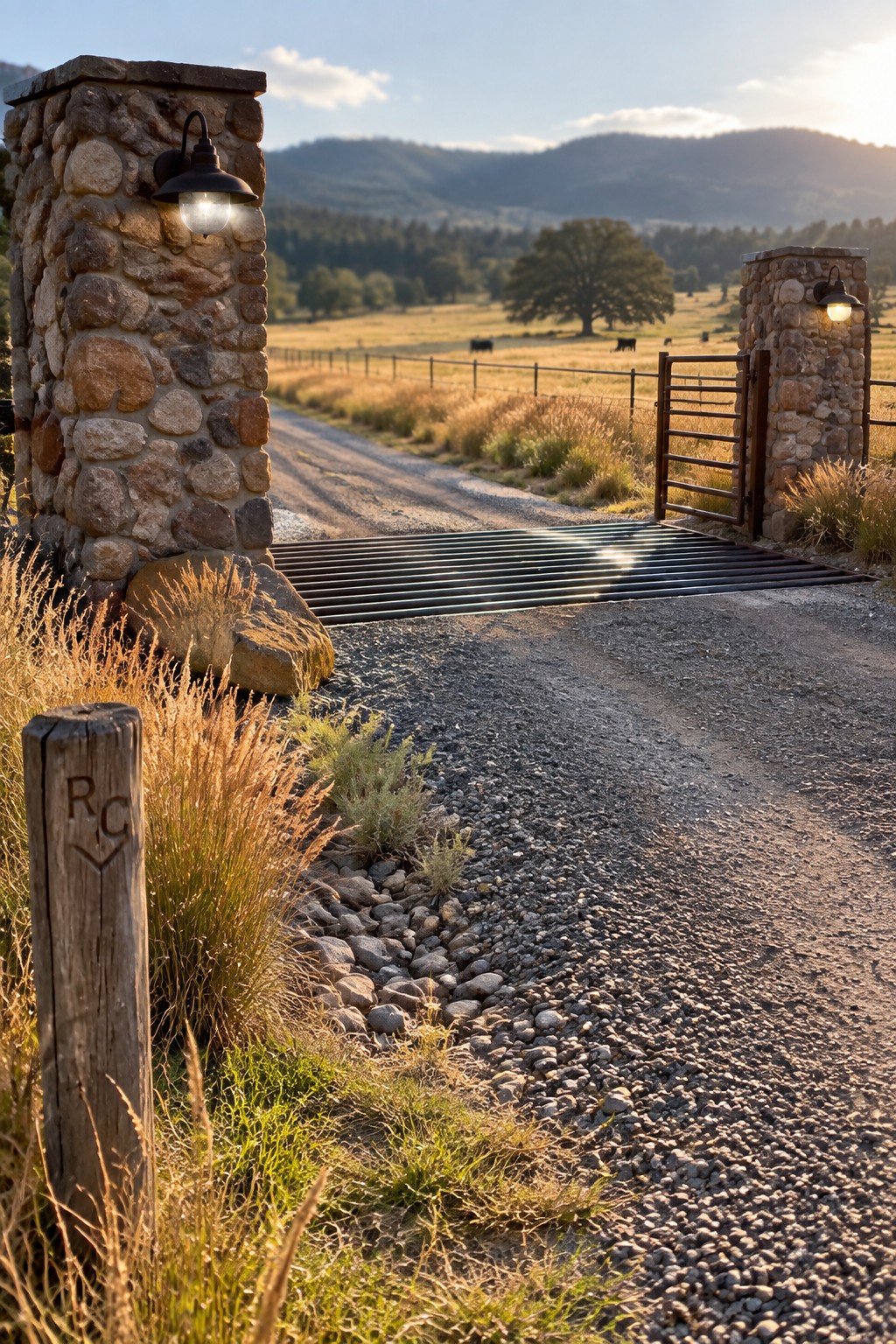 Stone pillars with lamps frame gravel road, cattle guard, open gate, and RG post at sunset.