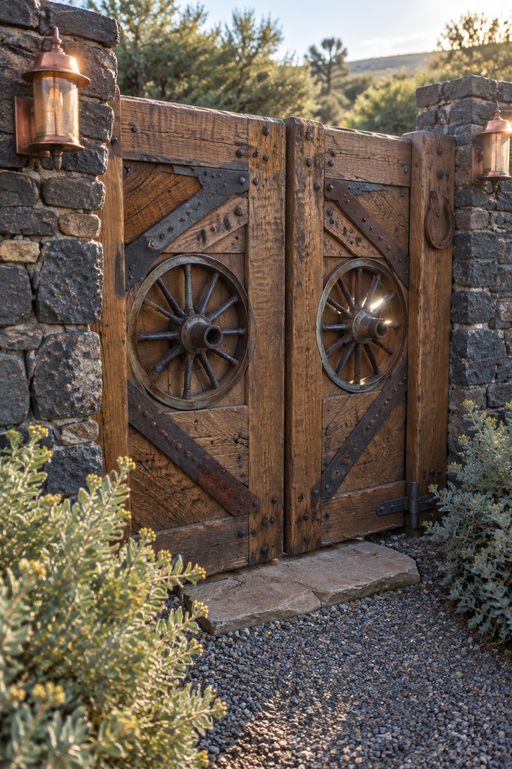 Wooden double driveway gates with large metal wagon wheels centered on each panel, set between stacked stone pillars with copper lanterns.