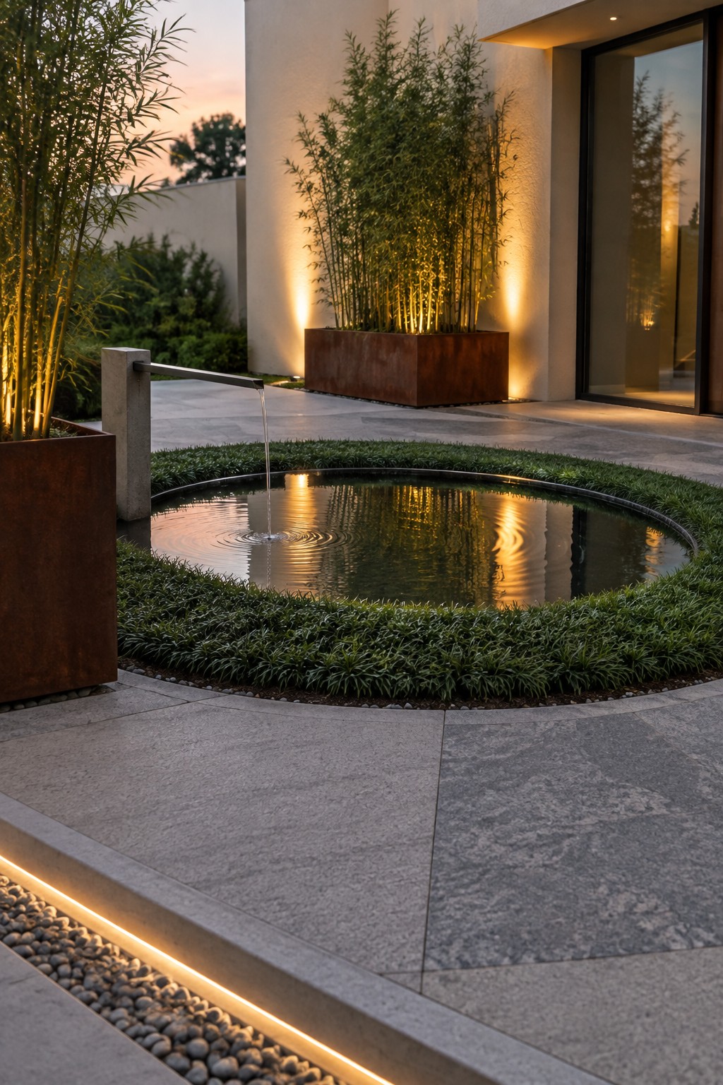Circular pond with a water spout, low green edging, and stone paving next to a modern house with large glass doors and tall bamboo planters.