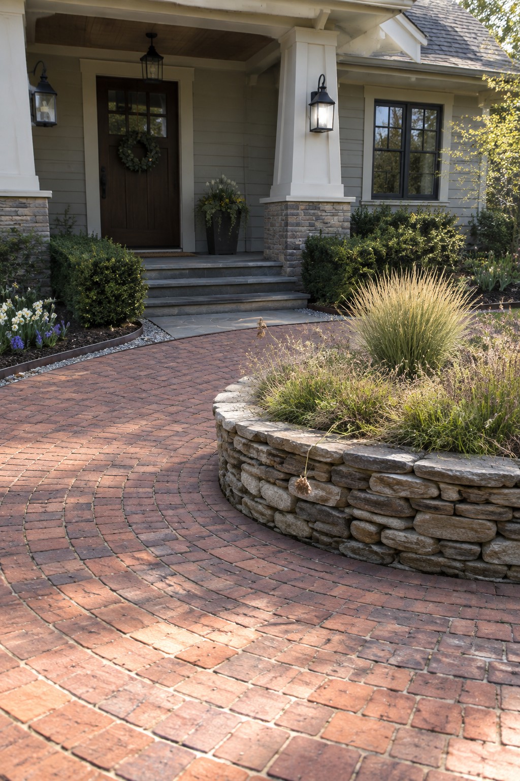 Curved red brick driveway winds past stone retaining wall to house porch.