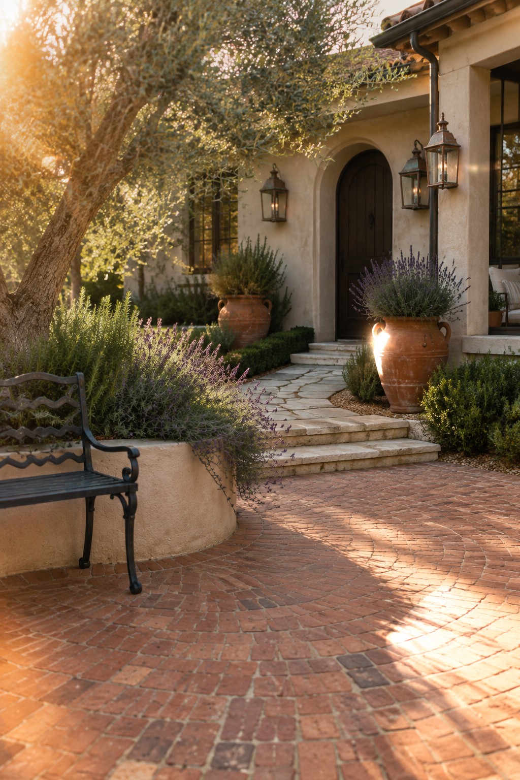 A circular red brick driveway curves past terracotta pots filled with lavender toward the arched entry of a stucco house.