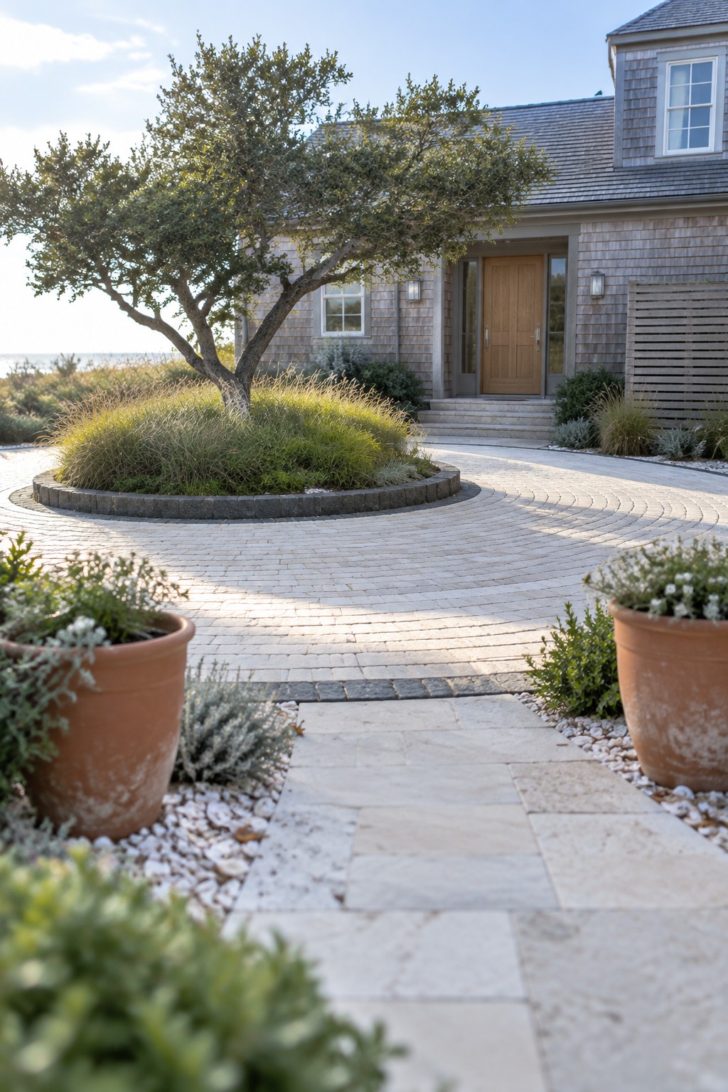 Coastal shingled home with circular driveway, central tree, potted plants, and sea view.