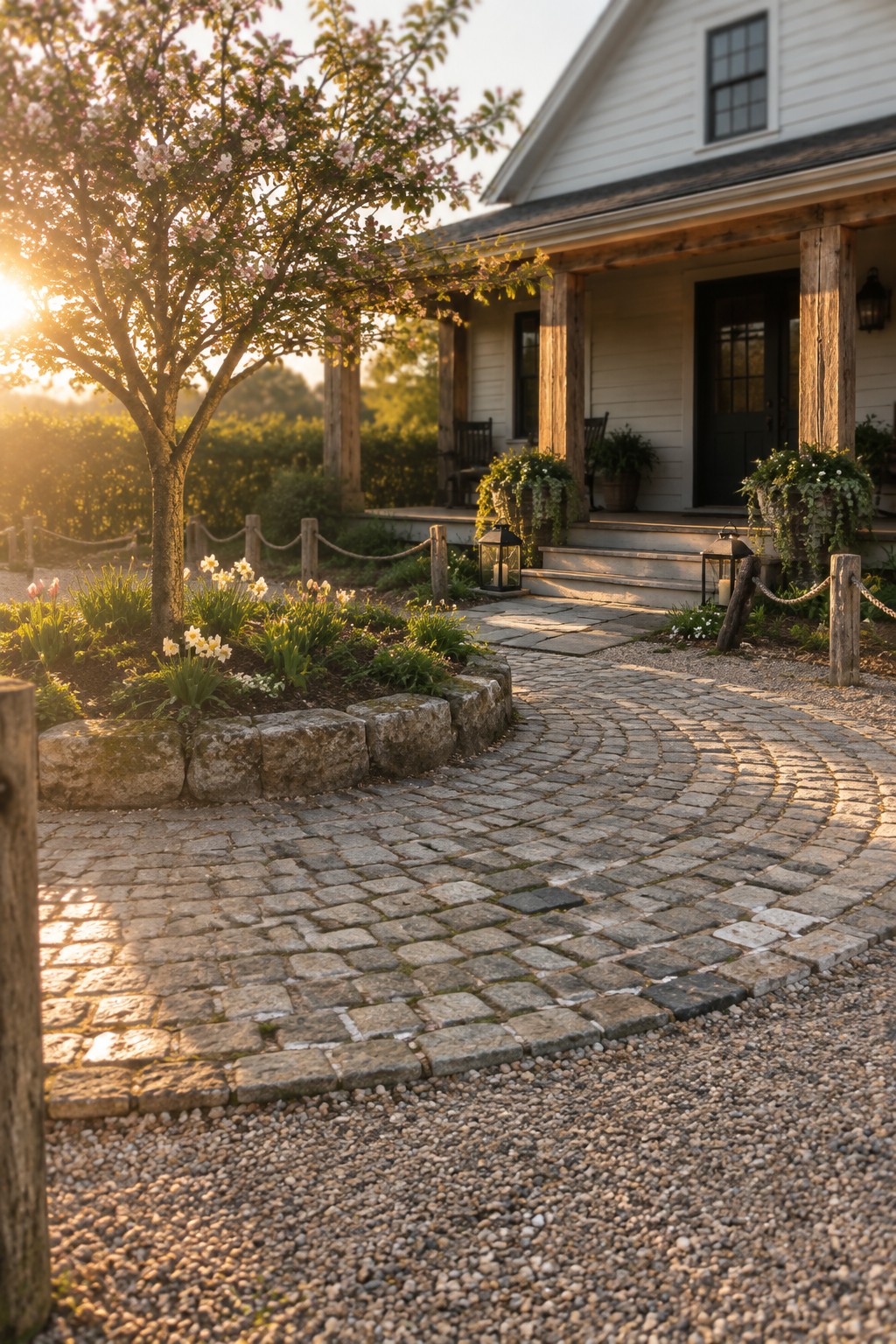 A white house with a curved cobblestone driveway leading to the front porch, bordered by a low stone wall and flower beds with a flowering tree on the left.