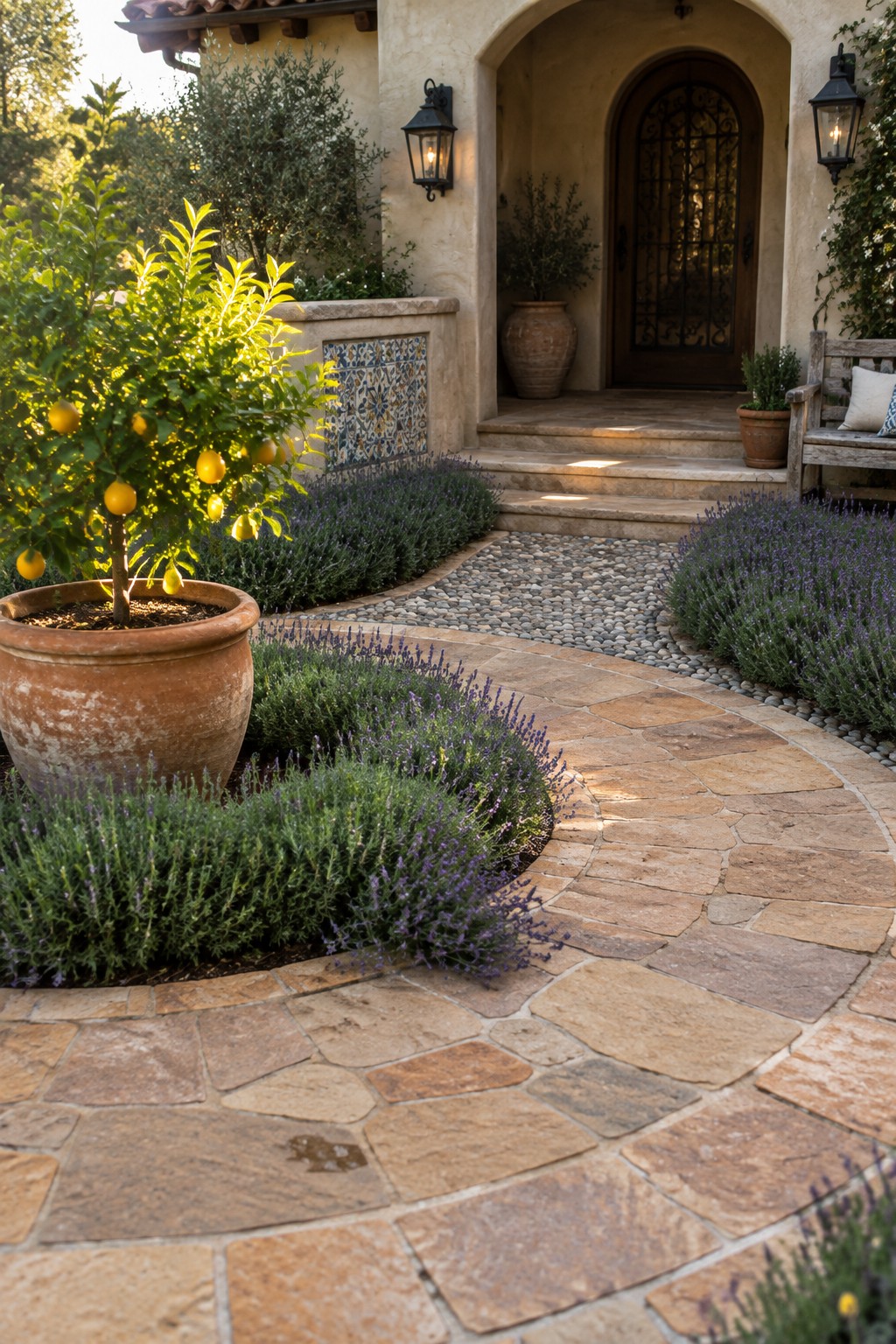 Curved stone path winds past lemon tree and lavender to arched wooden door