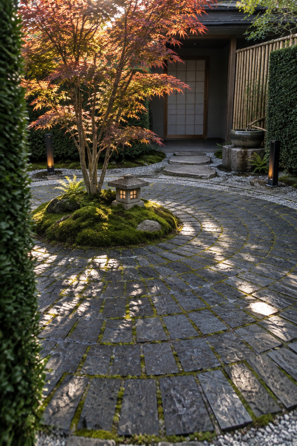 A curved cobblestone path circles a mossy central bed with a stone lantern, leading toward a house entrance in a compact Japanese-style garden.