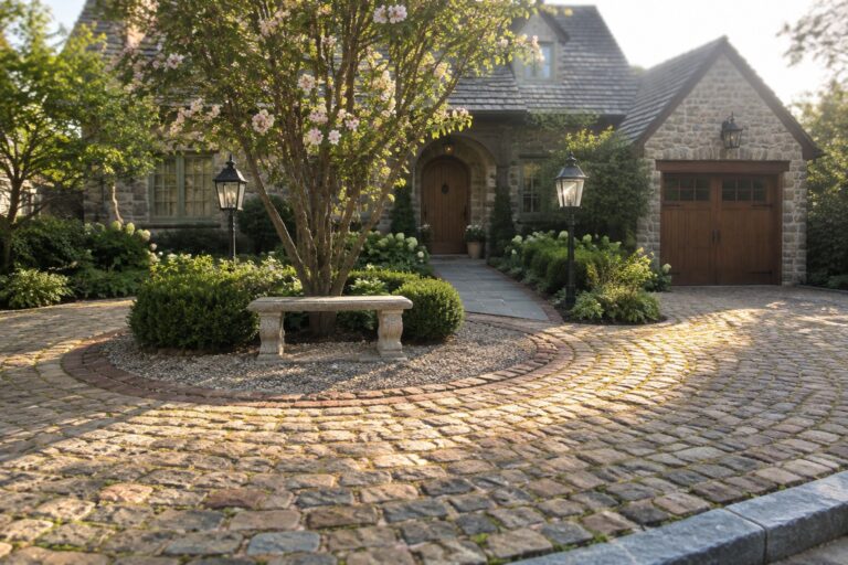 16 Charming Small Circle Driveway Ideas for Compact Front Yards A stone house front with a circular cobblestone driveway and a central landscaped island holding a stone bench, shrubs, and a flowering tree.