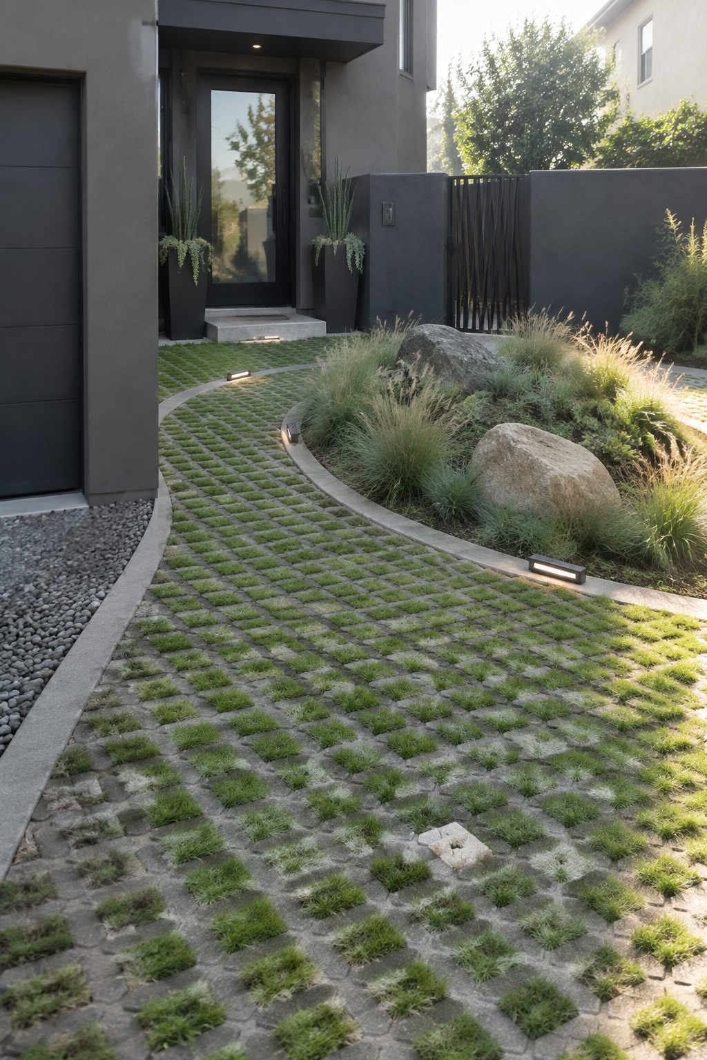 A curved driveway of concrete grid pavers filled with grass leads to the entrance of a modern gray house, with rock and grass landscaping along the right side.