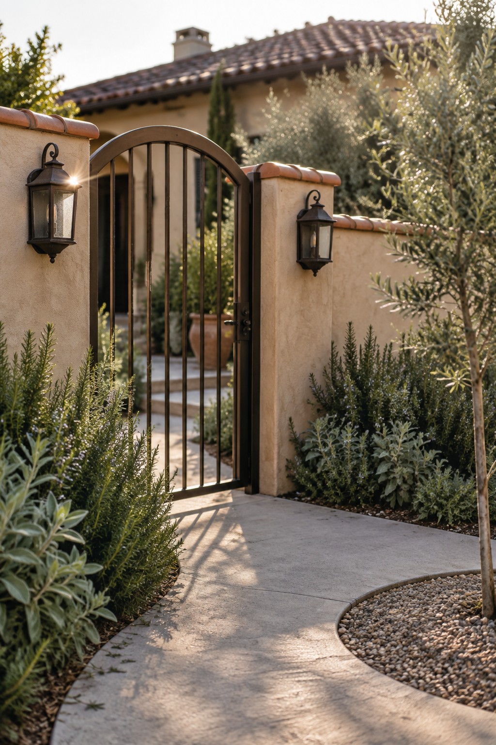 A dark metal arched driveway gate stands open between beige stucco pillars with black lanterns, bordered by green shrubs and a concrete path leading toward a house.