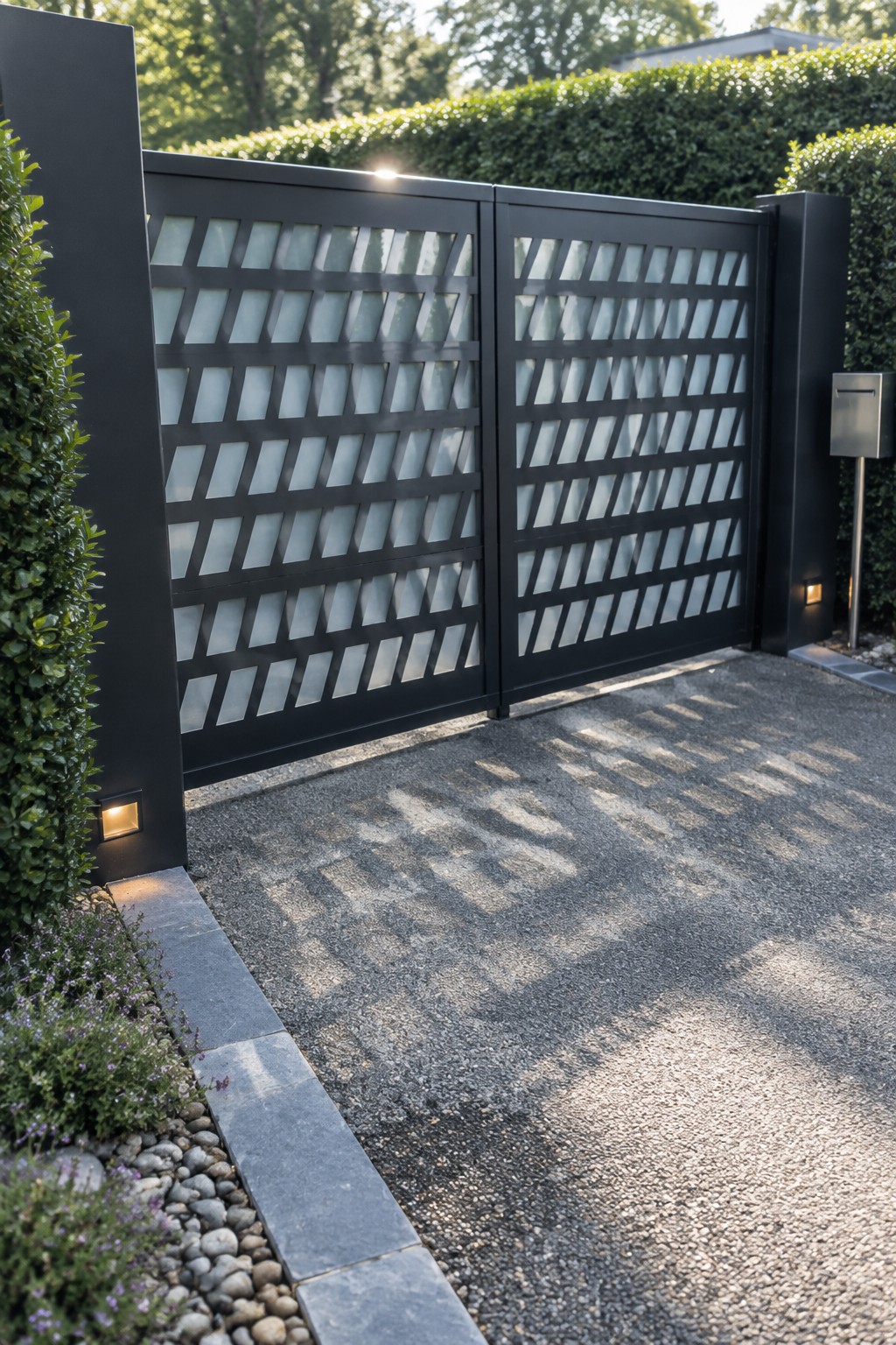 A black metal double driveway gate with a geometric pattern of rectangular cutouts stands open on a gravel driveway next to hedges and low landscape lighting.
