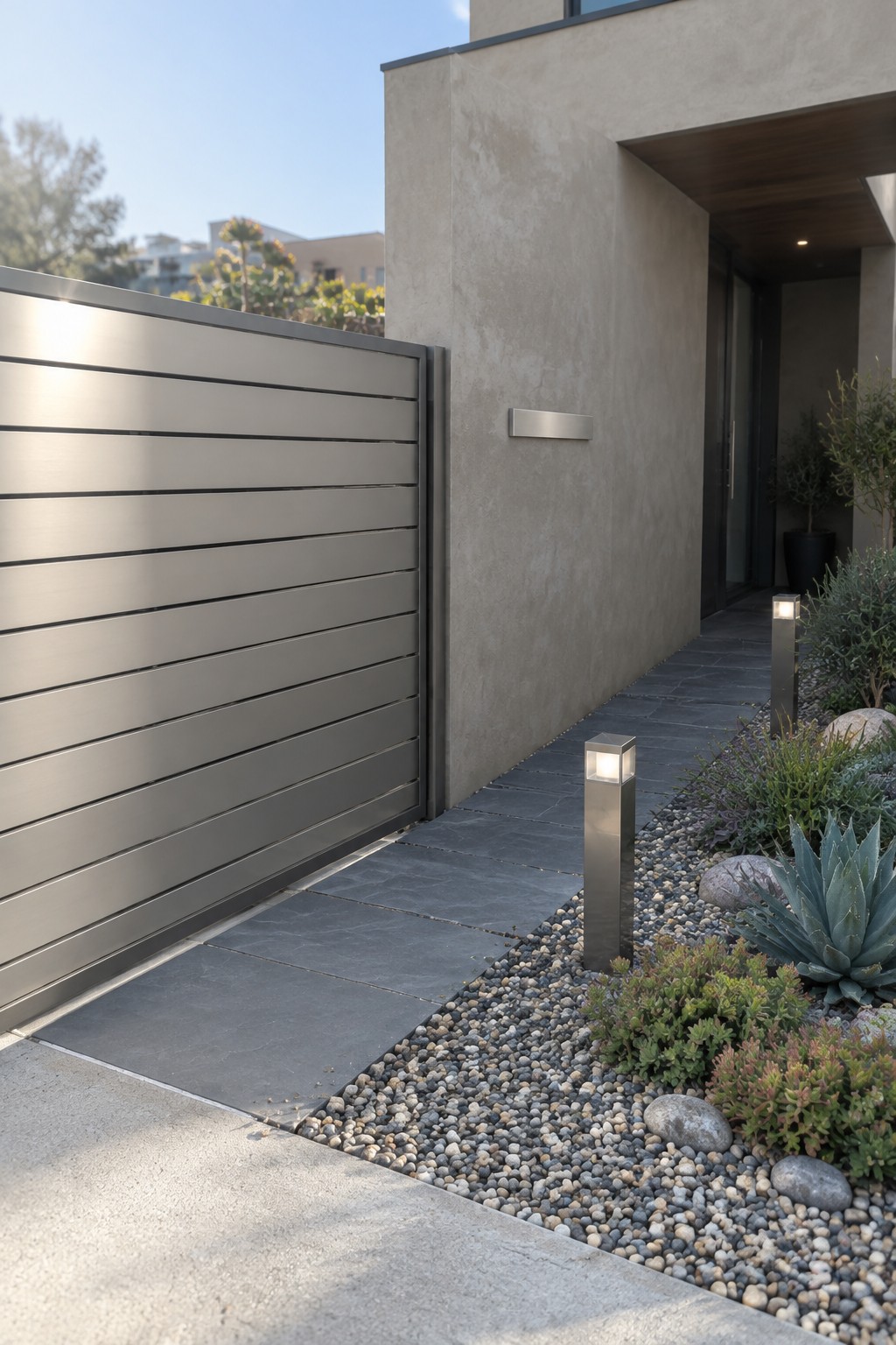 A modern metal driveway gate with horizontal slats next to a concrete house wall, stone pavers, gravel landscaping, and stainless steel bollard lights.