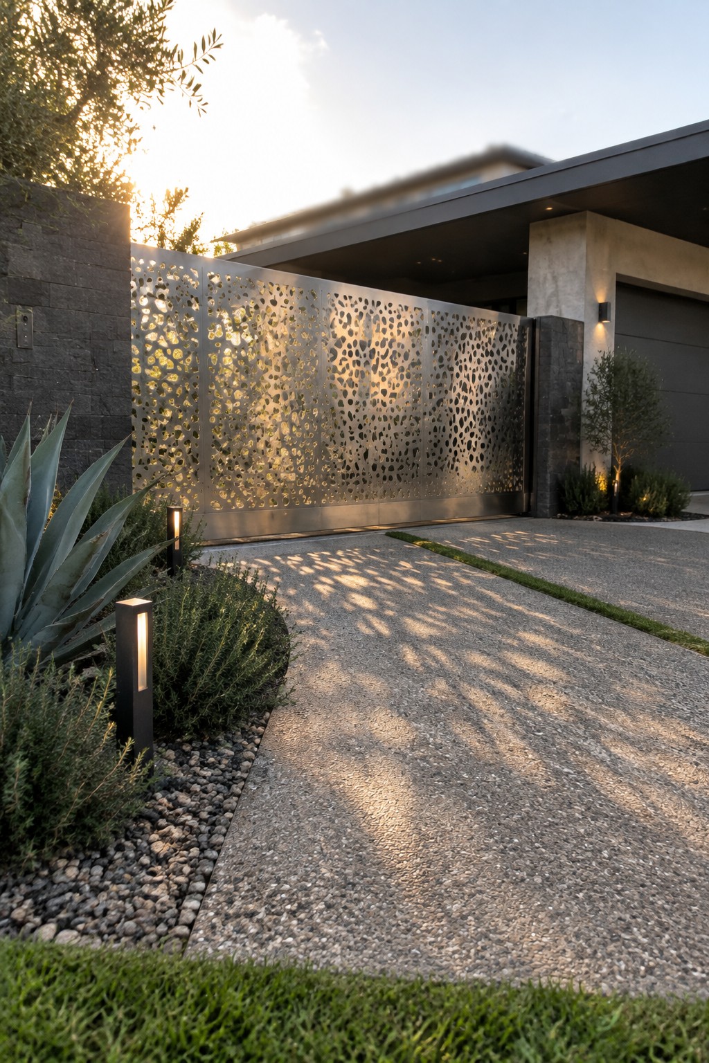A modern home entrance with a large perforated metal driveway gate set between stone walls, next to a gravel driveway and desert-style landscaping.