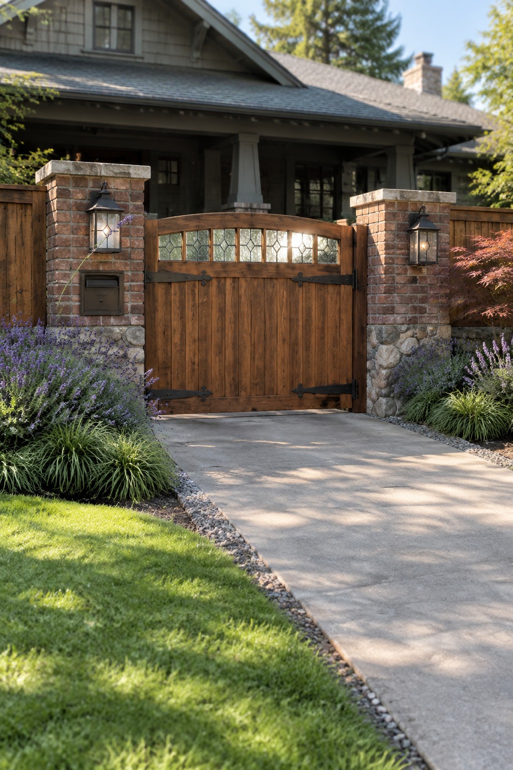 Wooden arched gate with glass panels between brick pillars on concrete driveway