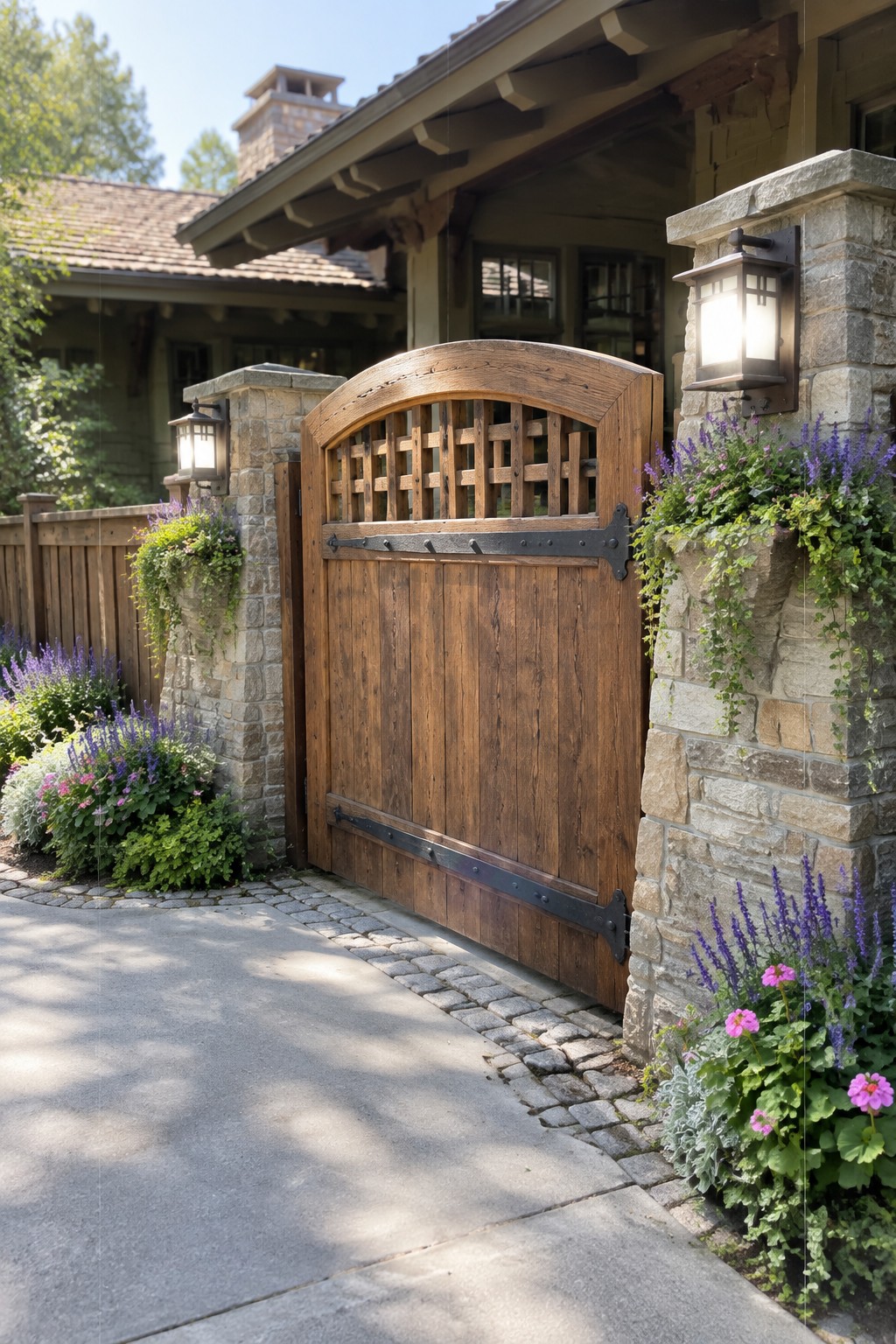 A wooden arched driveway gate with lattice top and black metal hardware stands open between stone pillars beside a Craftsman house.