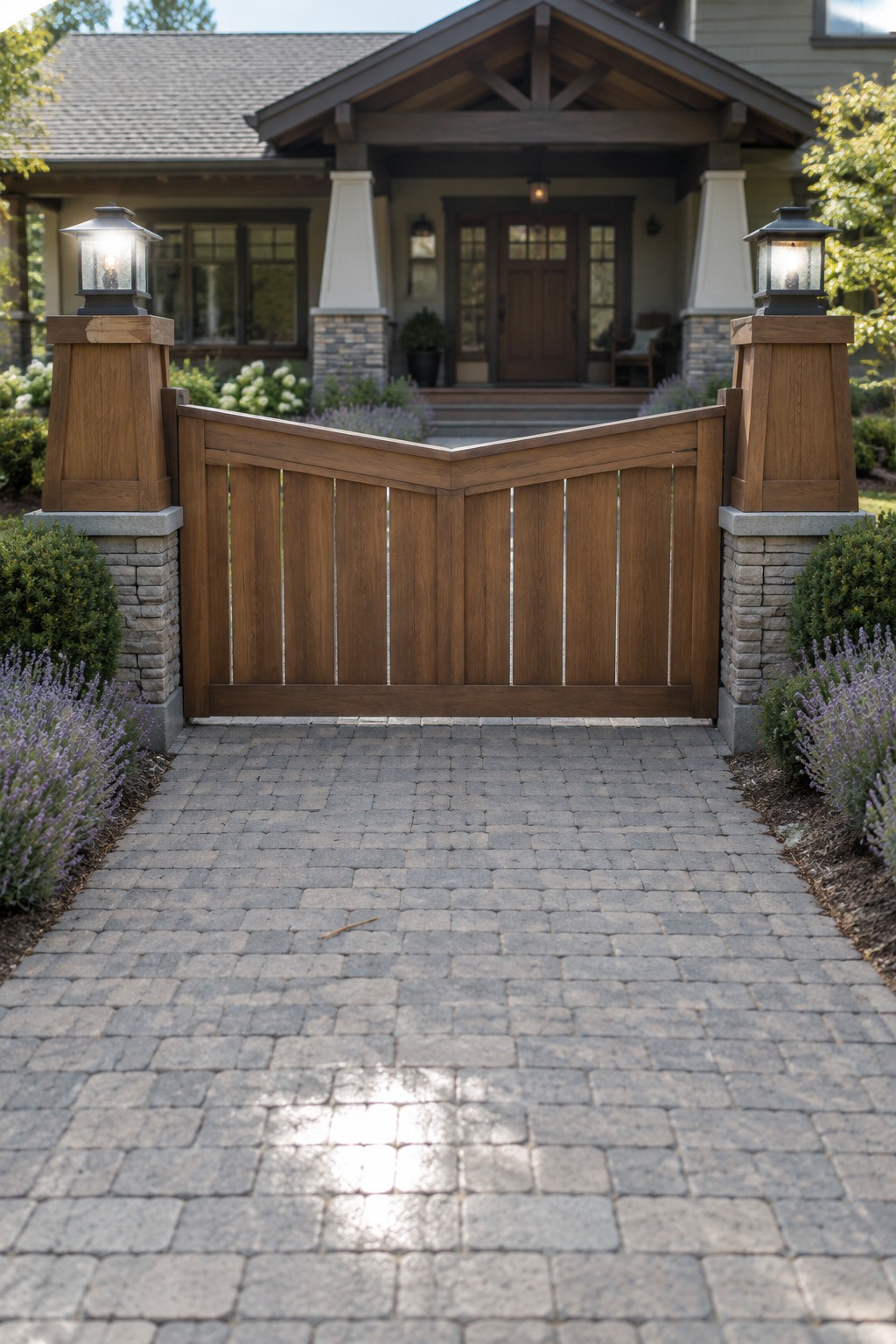 A wooden driveway gate with an angled top between stone and wood pillars topped with lanterns, set on a paved path in front of a Craftsman house.