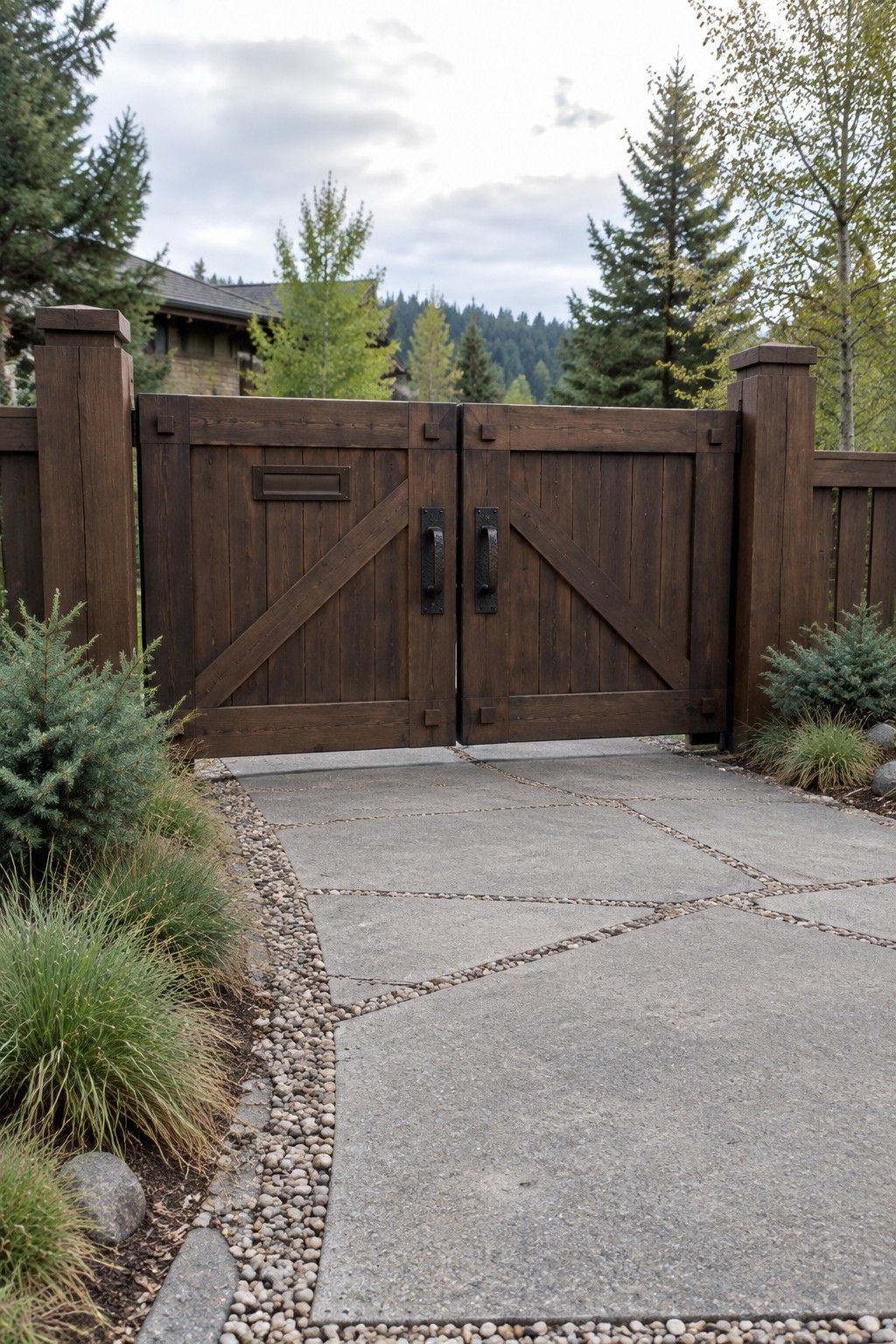 Dark wooden double gate partially open onto stone path with trees and shrubs