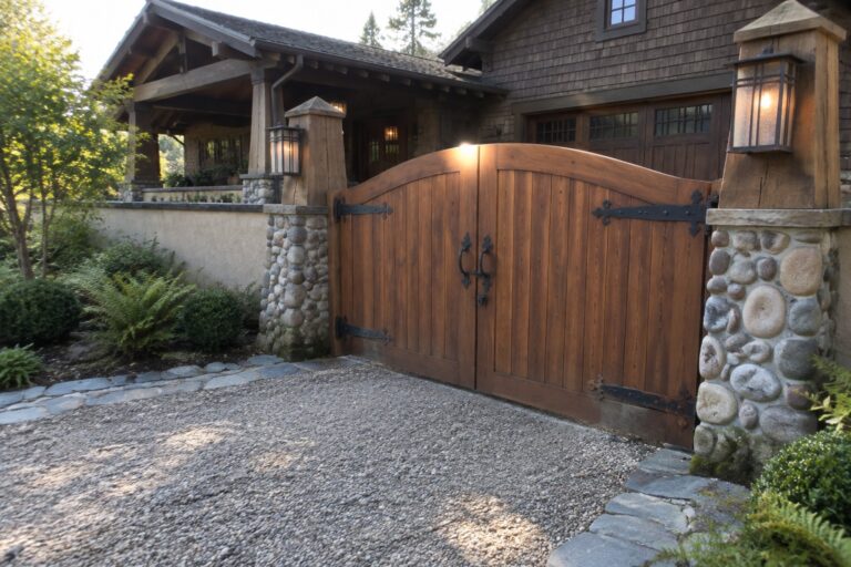 15 Distinctive Craftsman Driveway Gate Ideas With Architectural Detailing Arched wooden double gate with black hinges between stone pillars on gravel drive