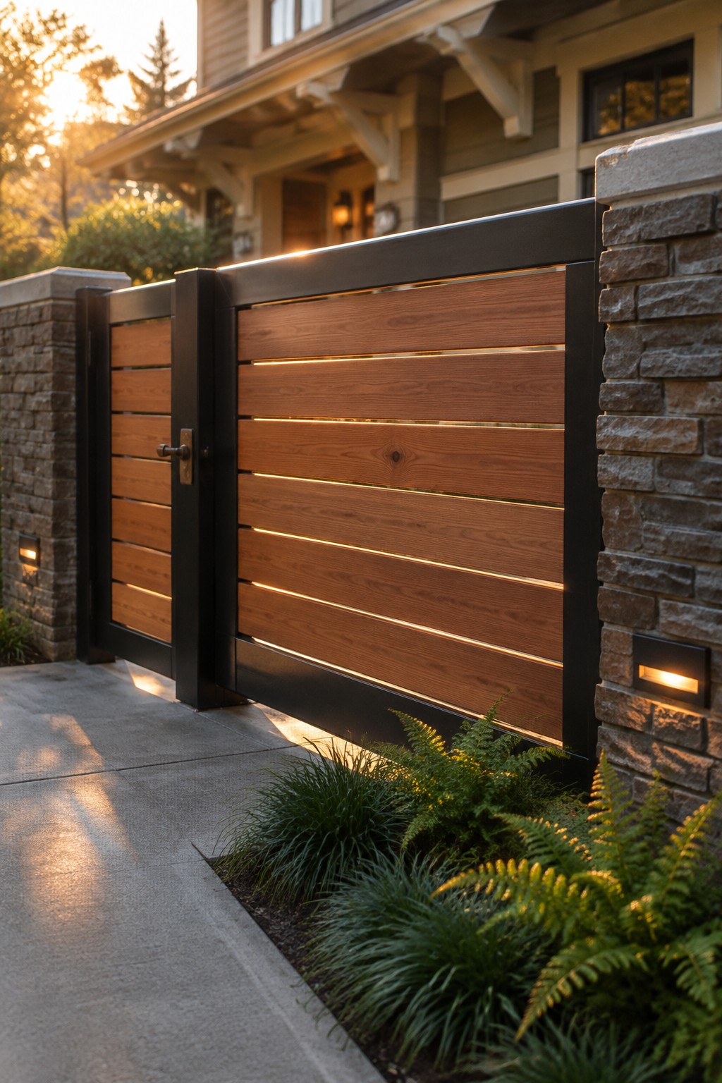 A Craftsman-style driveway gate with horizontal wooden slats set in a black metal frame, flanked by stone pillars with small lights, positioned at the entrance of a house.