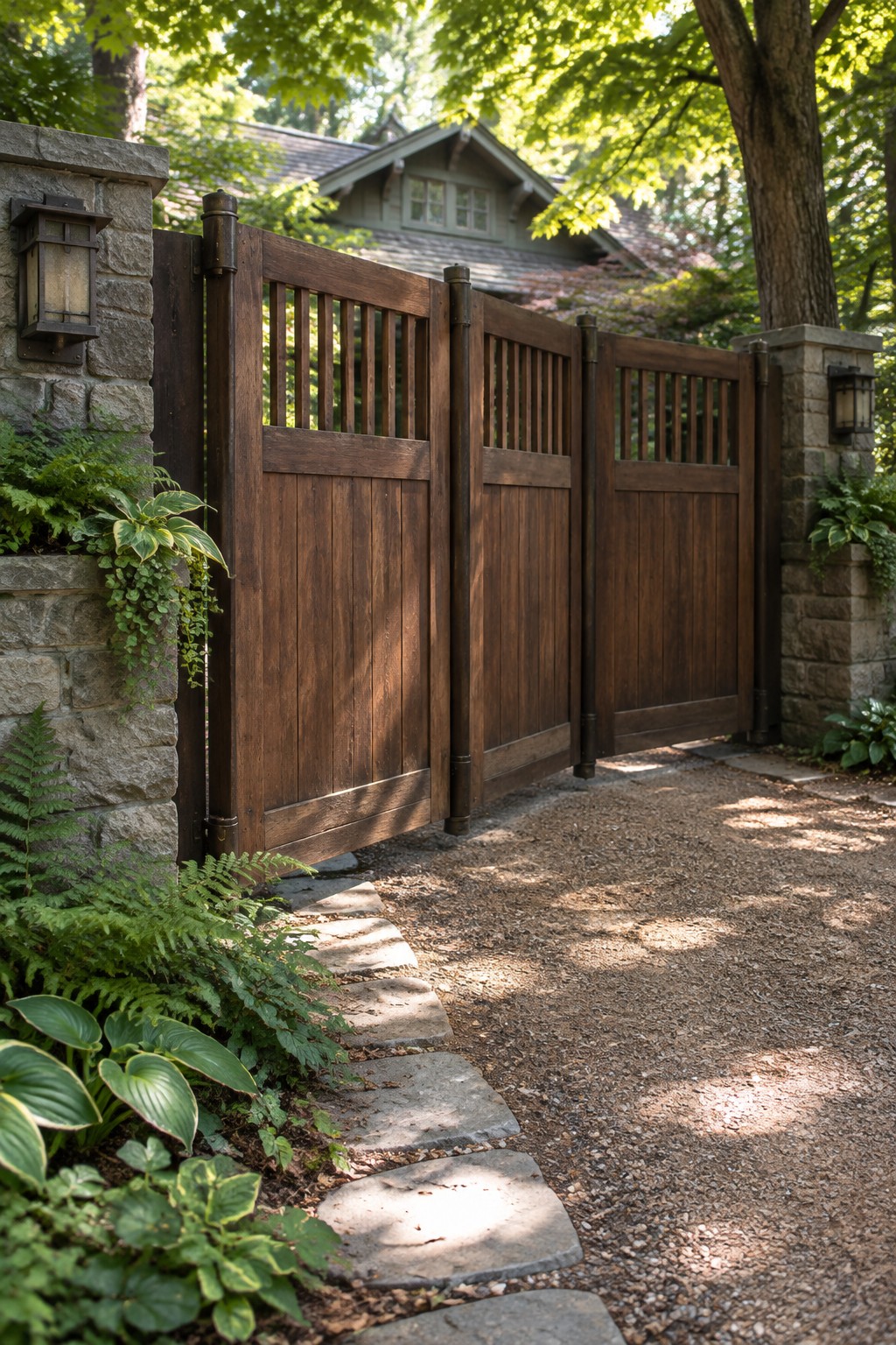 Open wooden gates between stone pillars on gravel path amid lush greenery