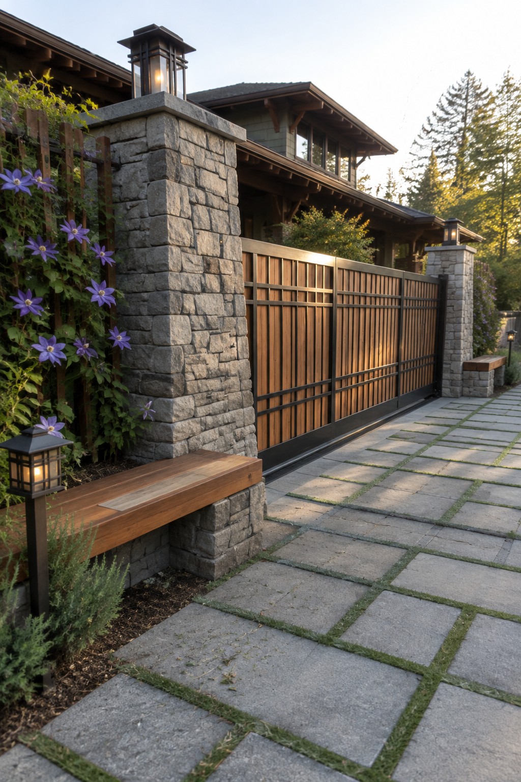 A wooden driveway gate with dark metal framing sits between stone pillars beside a Craftsman house, with a stone pathway and flowering vines on the left.