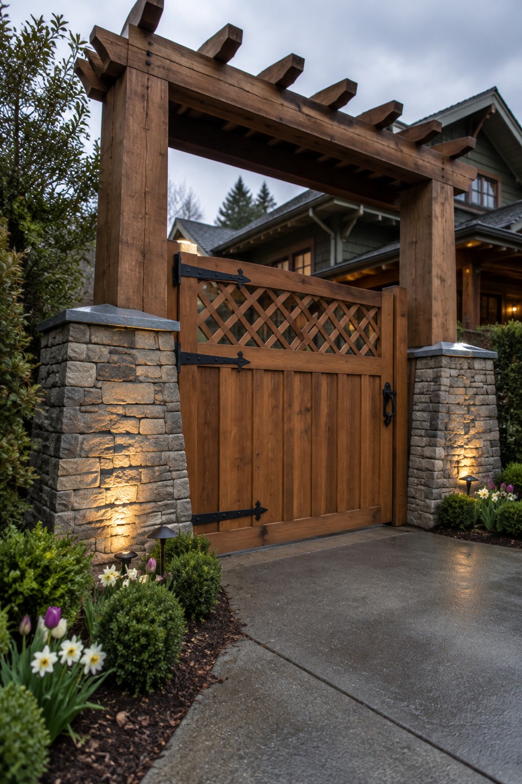 A wooden driveway gate with lattice upper section between stone pillars under a timber pergola structure, with a house visible in the background.
