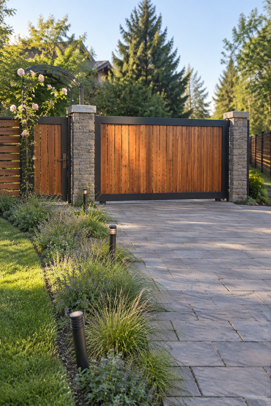A wooden driveway gate with vertical slats in a dark frame, flanked by stone pillars on a paved driveway with landscaping and path lights.