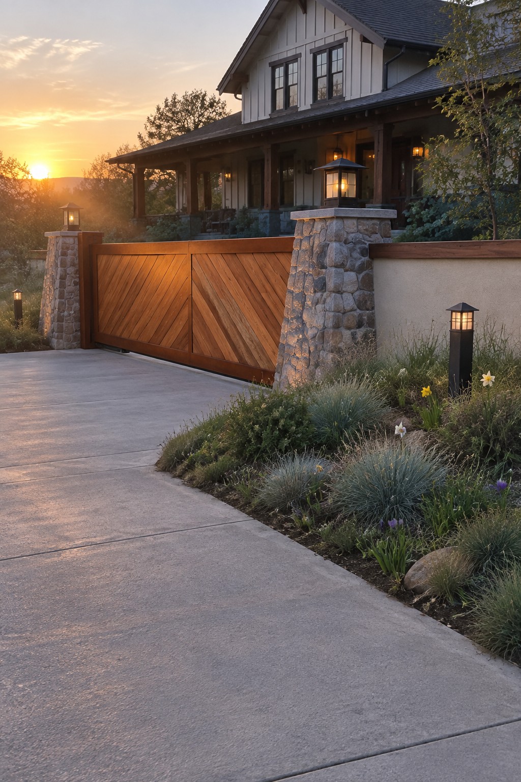 A Craftsman house at sunset with a wooden driveway gate showing diagonal slat patterns, set between stone pillars on a concrete driveway.