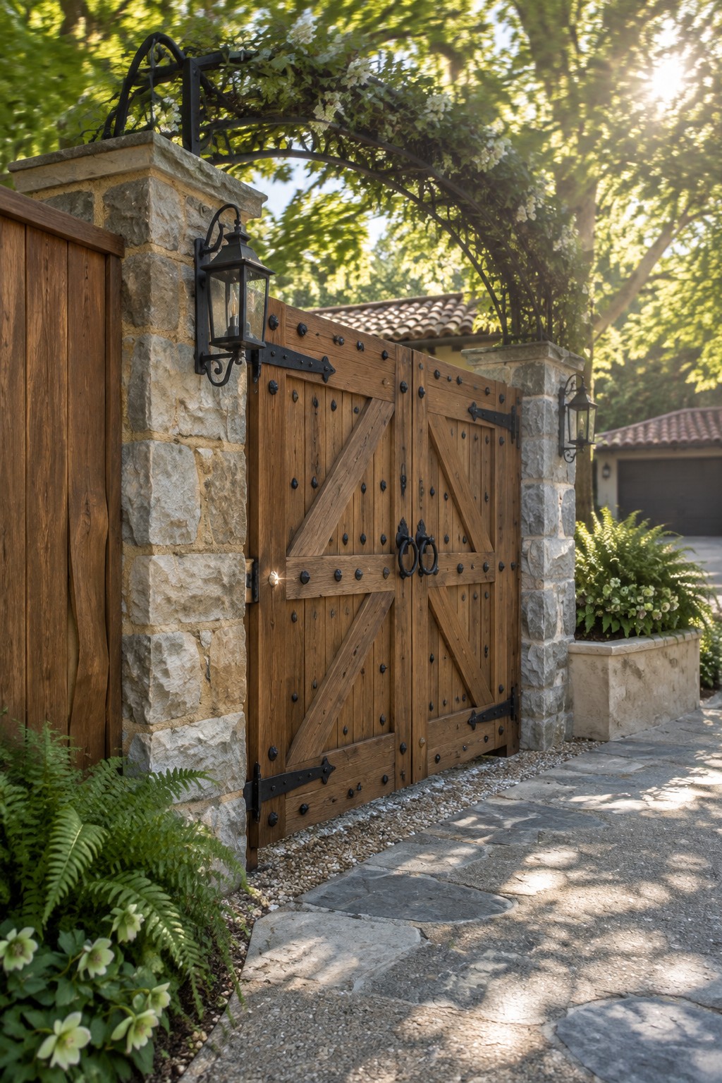 Rustic wooden double gates with black hardware between stone pillars under flowering arbor