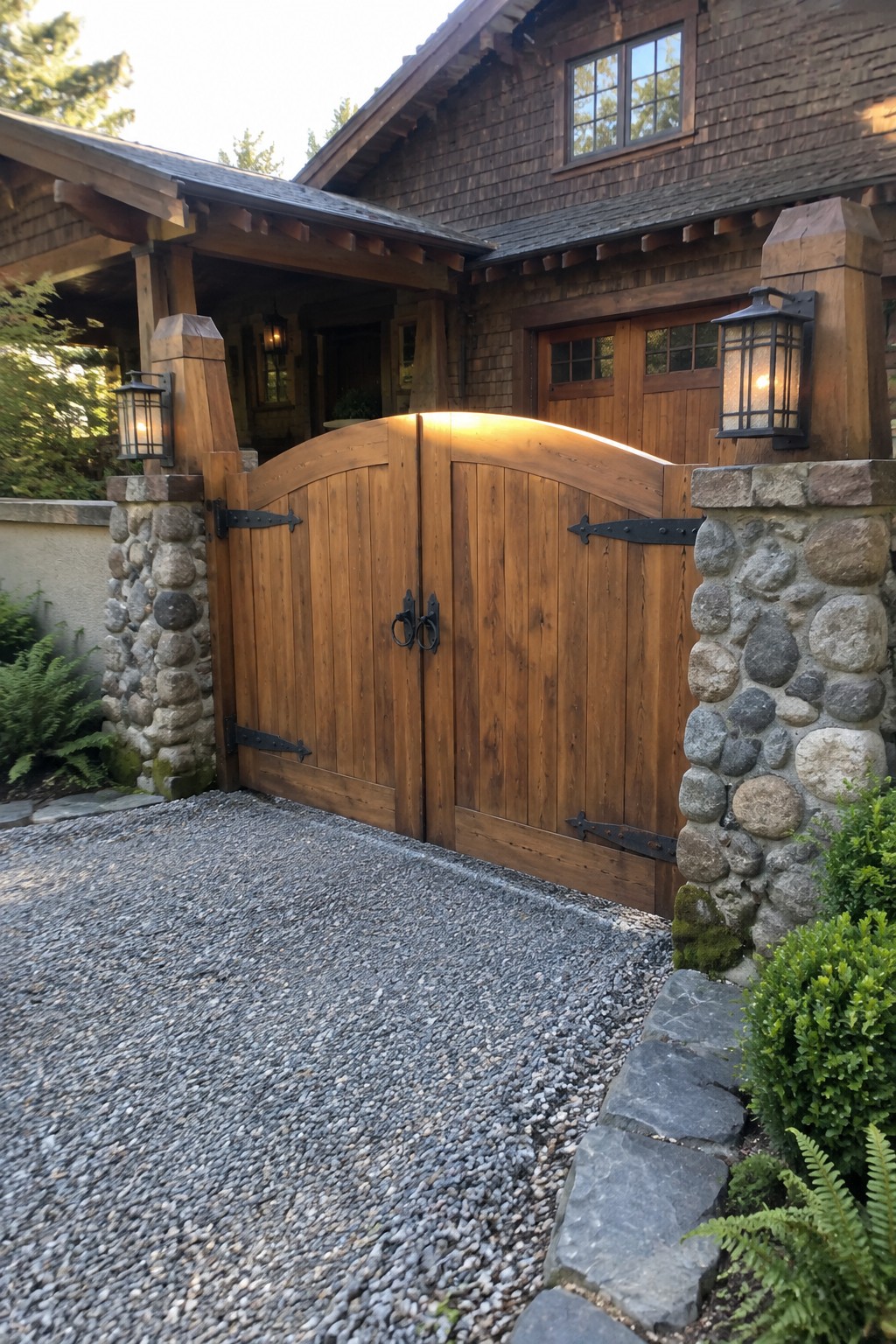 Arched wooden double gate with black hinges between stone pillars on gravel drive