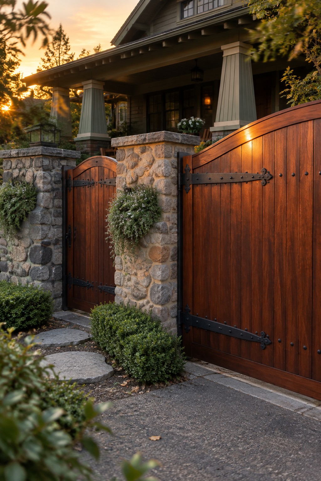 Wooden arched gate with stone pillars before a green craftsman house at sunset