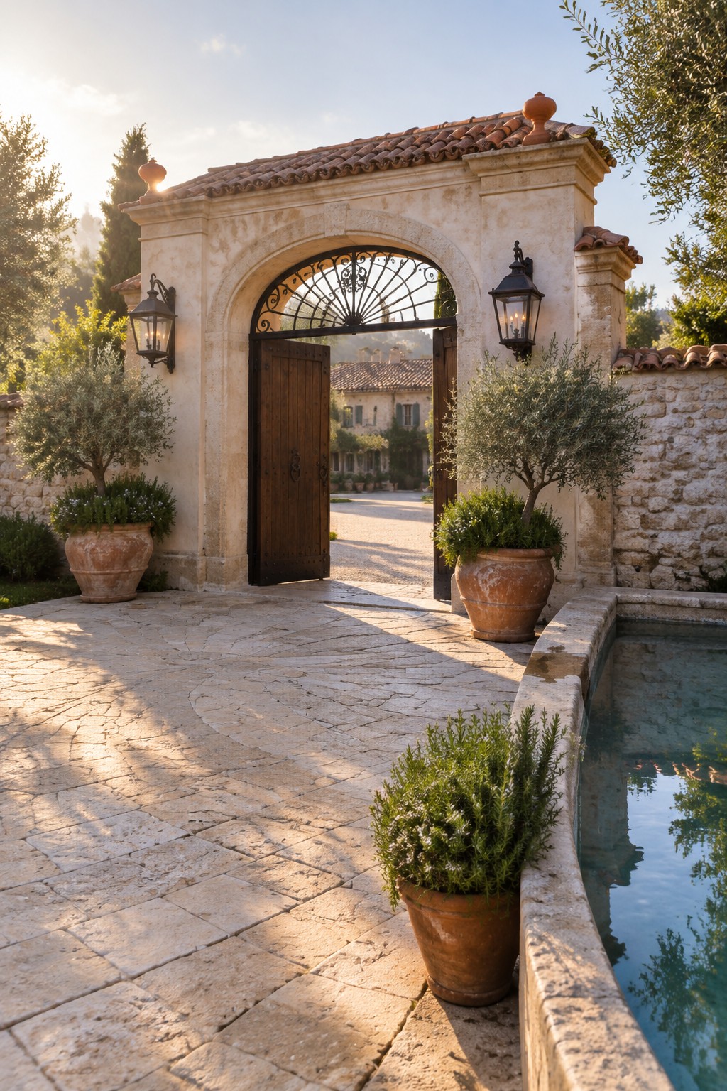 A large stone archway with a wooden gate stands open at a driveway entrance, flanked by potted olive trees and lanterns, with a pool visible on the right.