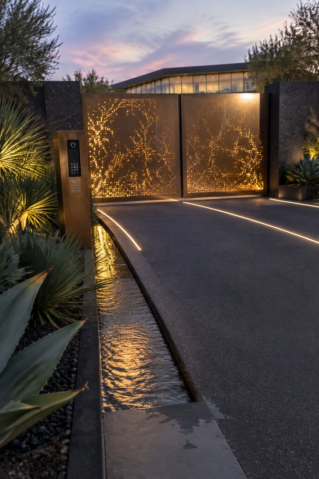 A modern driveway entrance at dusk with two large metal gates featuring organic cutout patterns illuminated from behind, flanked by dark stone pillars, a narrow water channel, and an intercom post on the left.