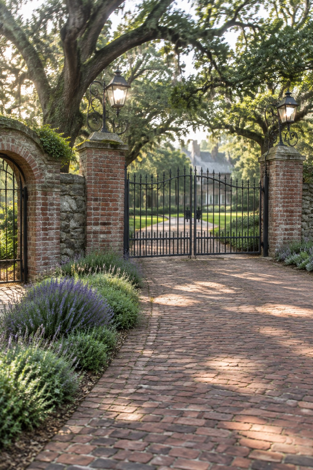A black iron gate stands open between brick pillars with lit lanterns, bordered by purple flowering plants along a brick driveway.