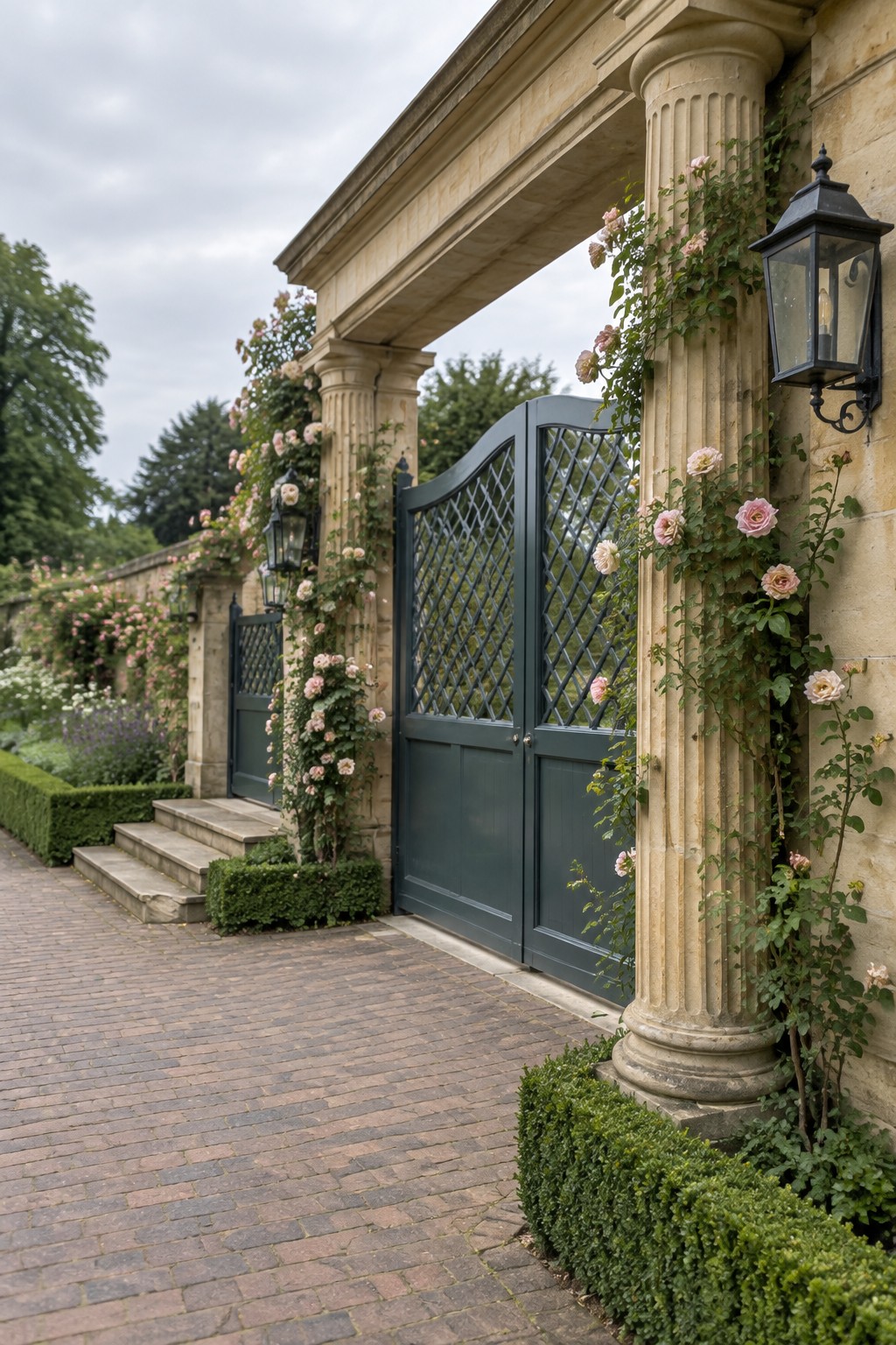 A dark green driveway gate with lattice upper panels set between tall stone columns covered in pink climbing roses, with a brick path leading through the entrance.